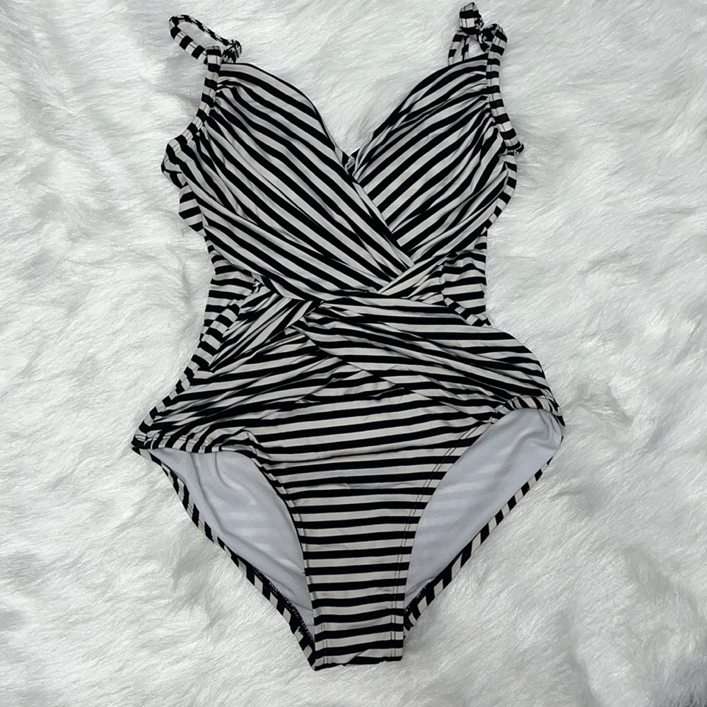 Merona Striped Faux Wrapped One Piece Swimsuit Size S Small EUC
